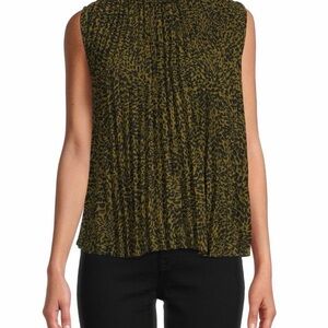 Women's Sleeveless Top blouse mock neck Olive and Black Animal print pattern